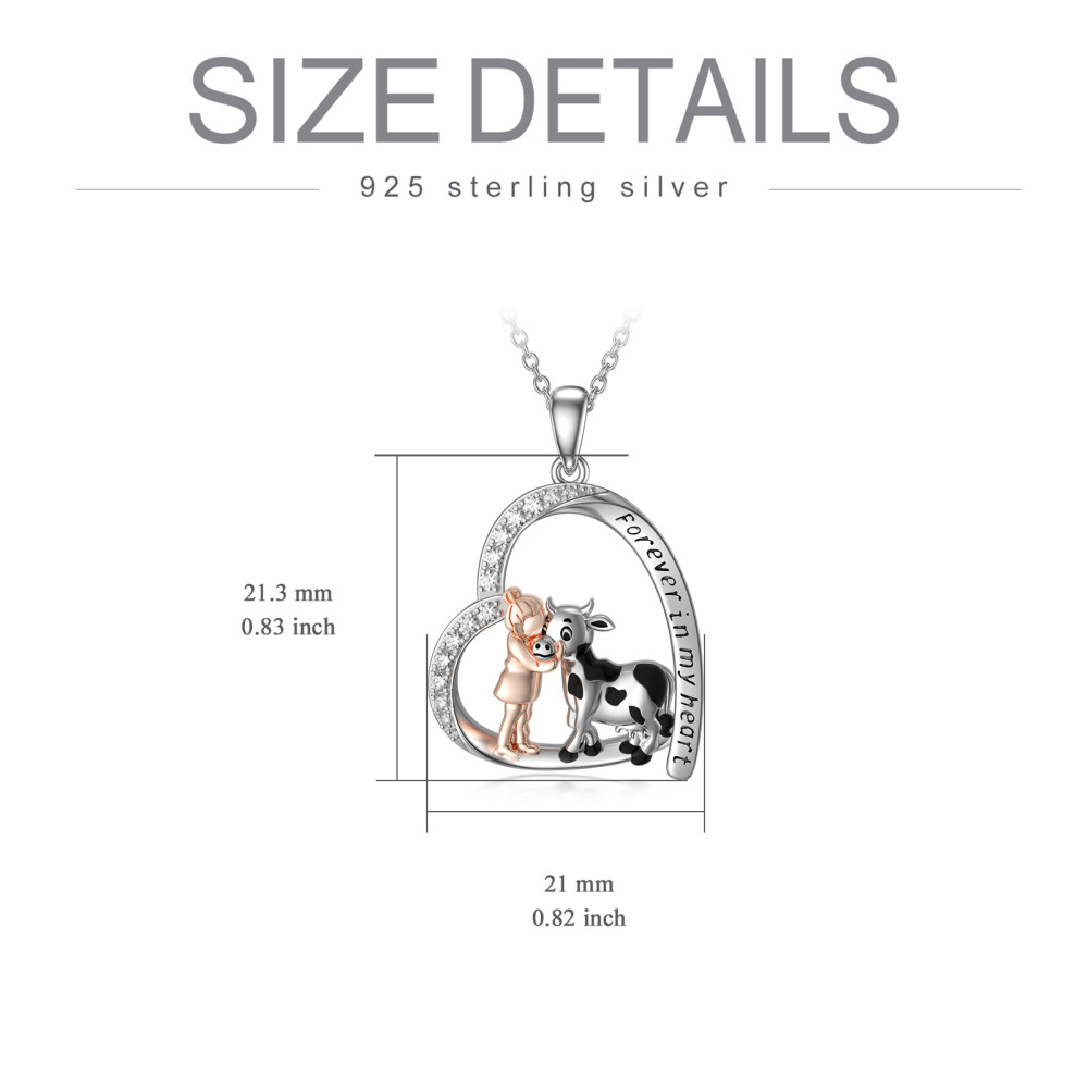 Sterling Silver Cubic Zirconia Girl & Cow Heart Pendant Necklace with Engraved Word-6