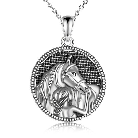 Collana con ciondolo rotondo in argento sterling con ragazza e cavallo