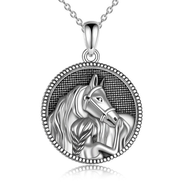 Collier en argent sterling avec pendentif rond fille et cheval-1