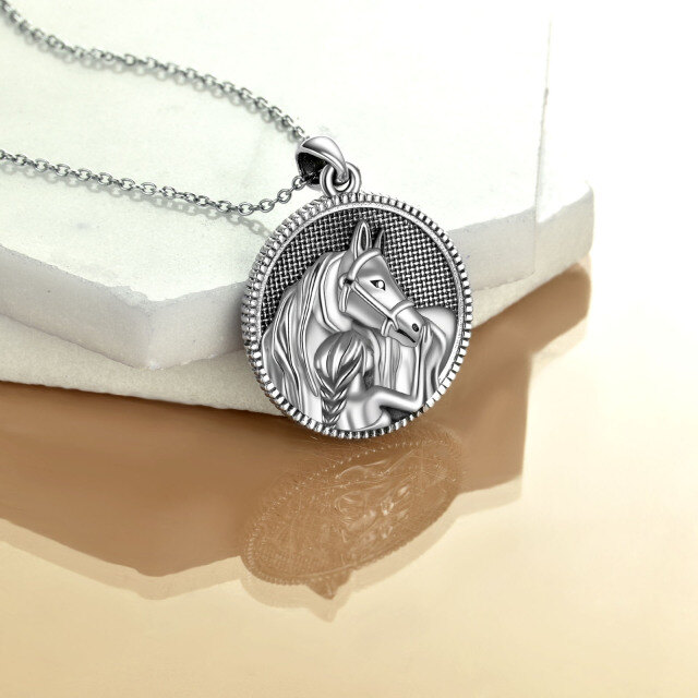 Collier en argent sterling avec pendentif rond fille et cheval-4