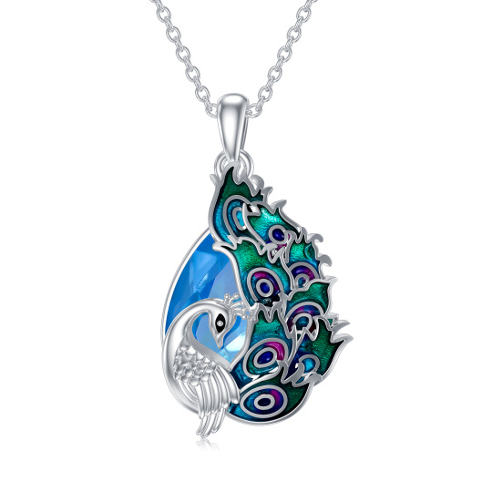 Collana con ciondolo in argento sterling con pavone smaltato e cristalli blu