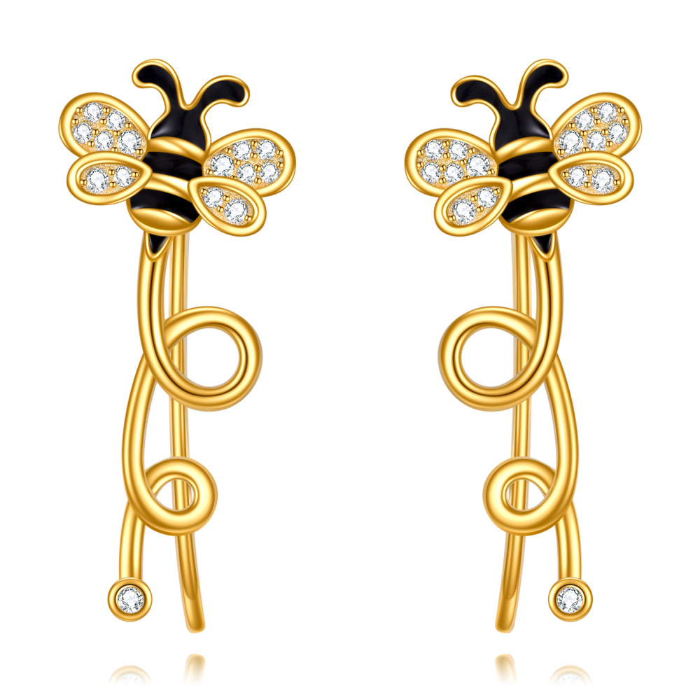 Gold Vermeil Cubic Zirconia Bee Climber Earrings for Women-1