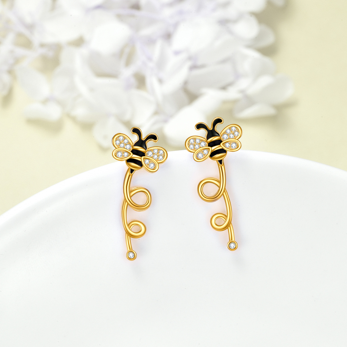 Gold Vermeil Cubic Zirconia Bee Climber Earrings for Women-3