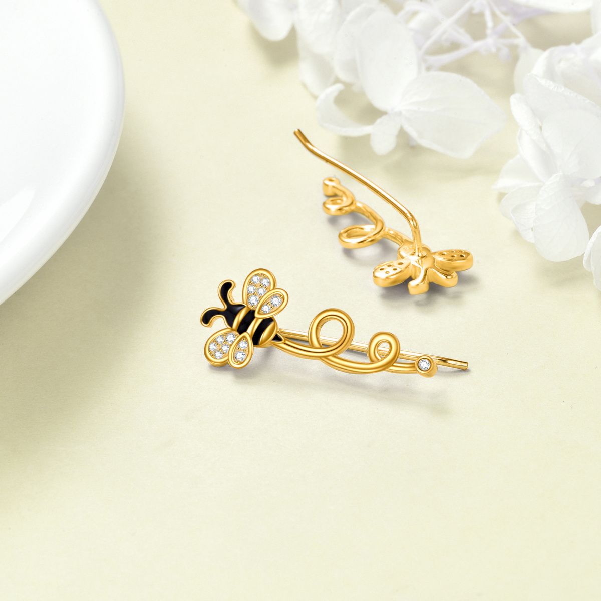 Gold Vermeil Cubic Zirconia Bee Climber Earrings for Women-4