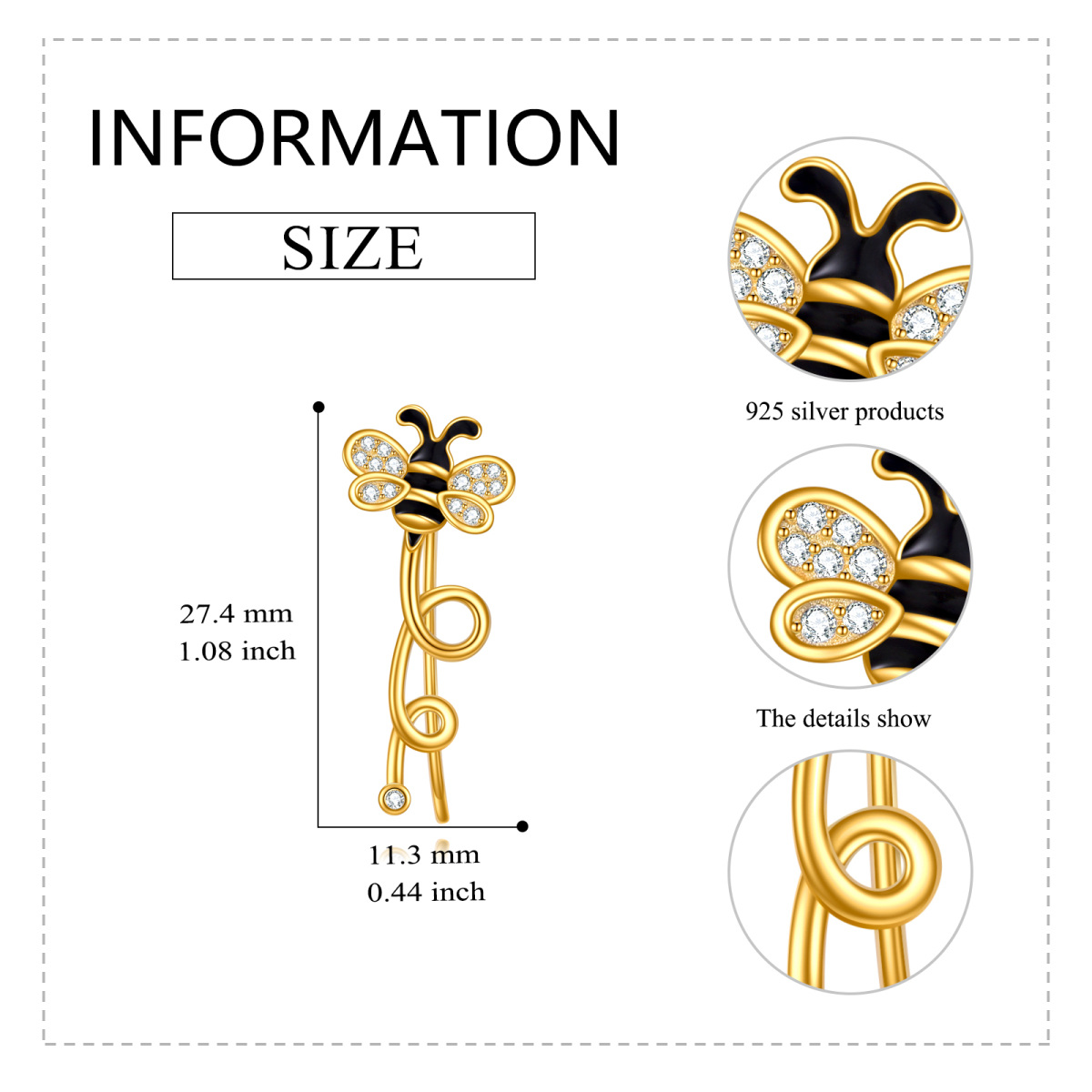 Gold Vermeil Cubic Zirconia Bee Climber Earrings for Women-5