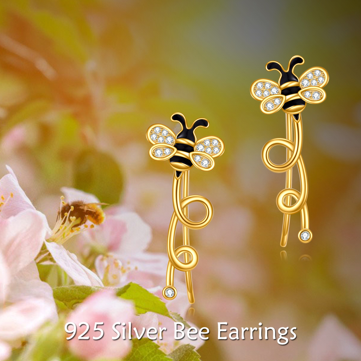 Gold Vermeil Cubic Zirconia Bee Climber Earrings for Women-6