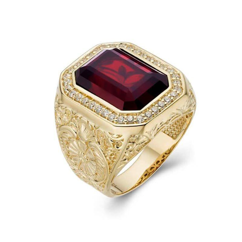 Sterling Silver with Gold Plated Garnet Moissanite Personalized Engraving Ring for Men-2