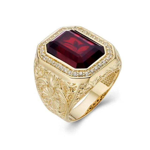 Sterling Silver with Gold Plated Garnet Moissanite Personalized Engraving Ring for Men-2