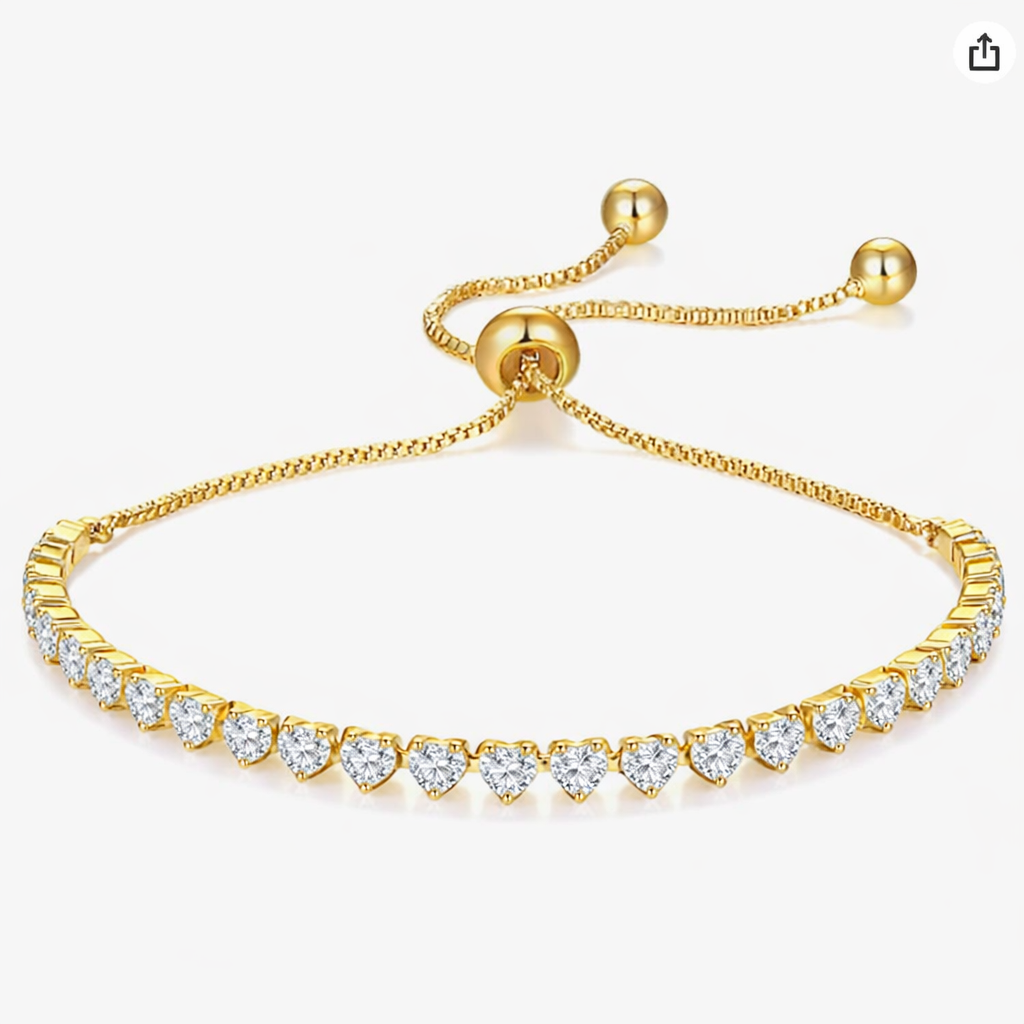 Sterlingsilber mit vergoldetem herzförmig geschliffenem Moissanit verstellbares Tennisarmband