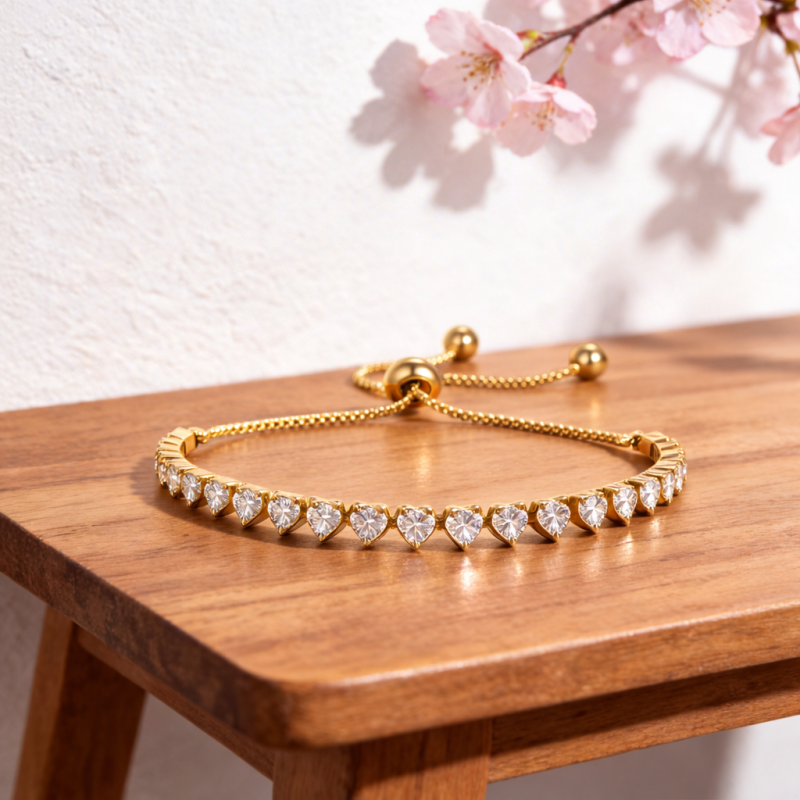 Pulsera de Tenis Ajustable de Plata Esterlina con Moissanita Cortada en Corazón Chapada en Oro-3