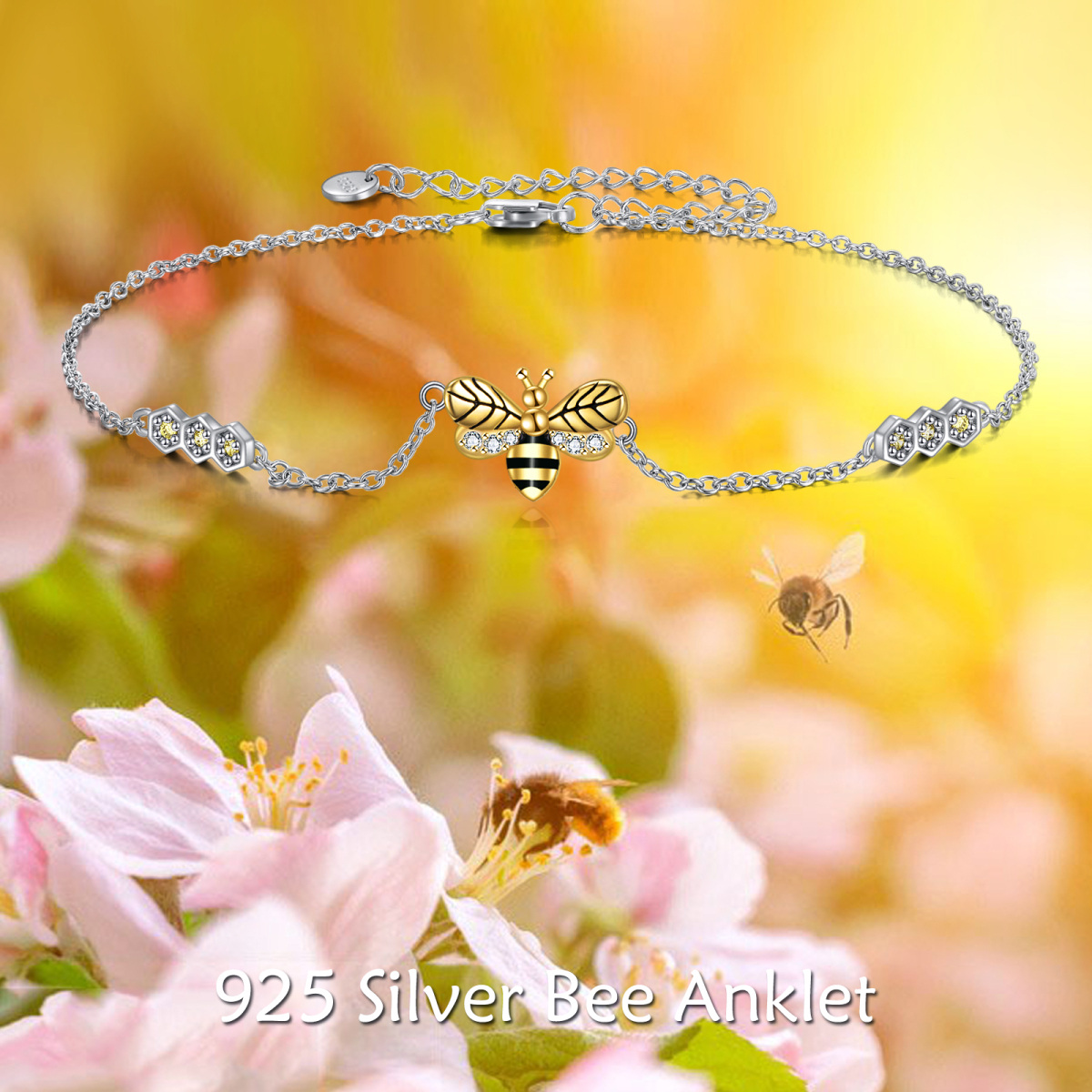 Tobillero con forma de abeja bañado en oro y plata de ley, regalo para mujer-6