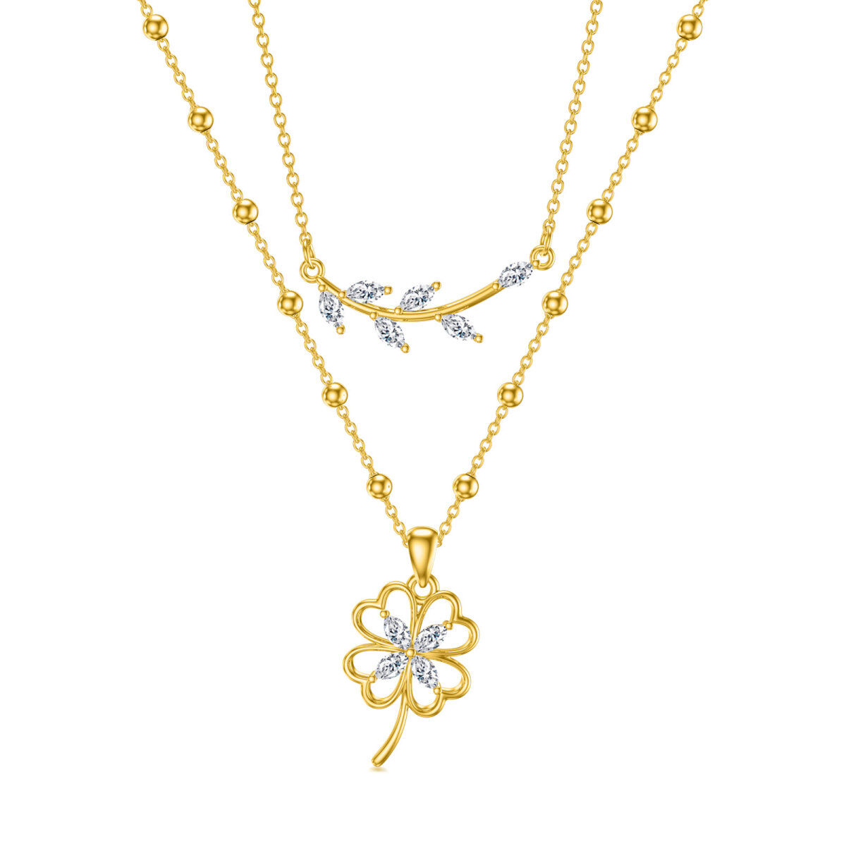 Sterling Silver with Gold Plated Marquise Cubic Zirconia Four Leaf Clover Layered Necklace-1