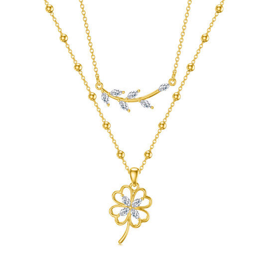 Sterling Silver with Gold Plated Marquise Cubic Zirconia Four Leaf Clover Layered Necklace