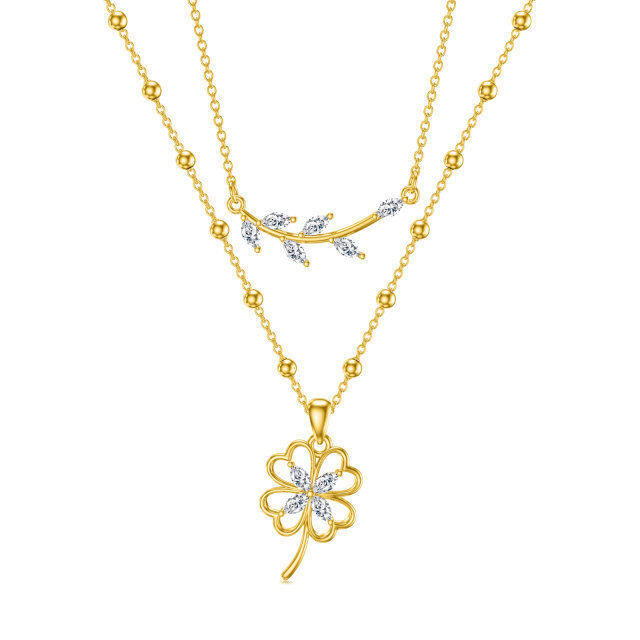 Sterling Silver with Gold Plated Marquise Cubic Zirconia Four Leaf Clover Layered Necklace-4