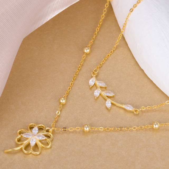 Sterling Silver with Gold Plated Marquise Cubic Zirconia Four Leaf Clover Layered Necklace-3