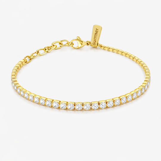 Sterlingsilber mit gelbgoldplattiertem Moissanit personalisiert graviertes Tennisarmband