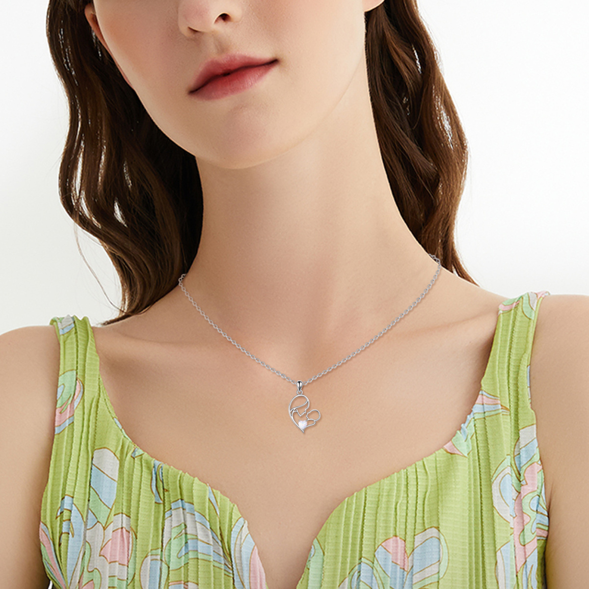 Collar con colgante de corazón de madre e hijo en plata de ley con ópalo bañado en oro-2