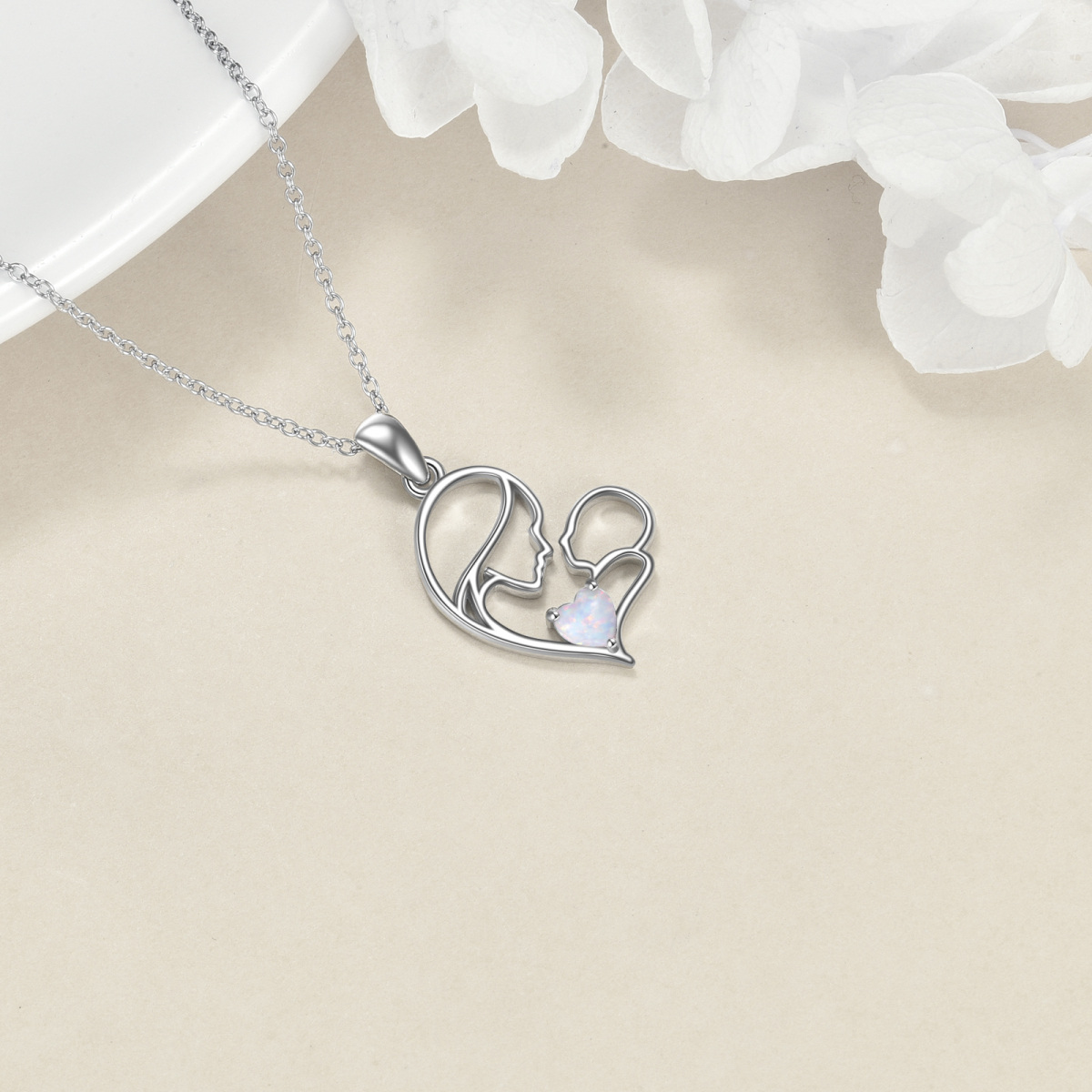 Collar con colgante de corazón de madre e hijo en plata de ley con ópalo bañado en oro-3