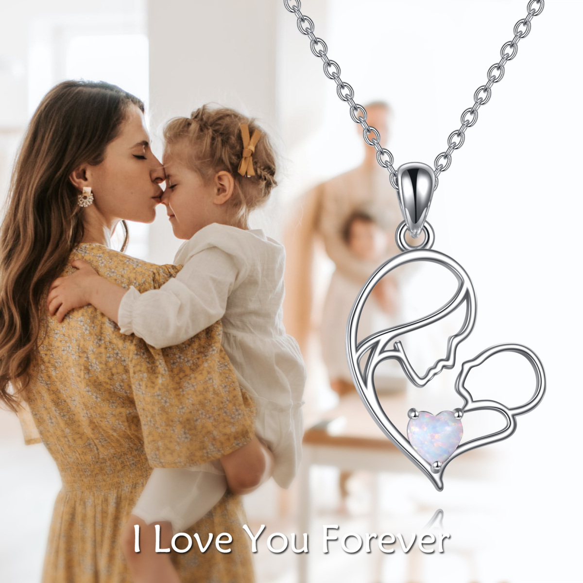 Collar con colgante de corazón de madre e hijo en plata de ley con ópalo bañado en oro-6