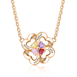 14K Gold Cubic Zirconia Personalised Birthstone Engraving Four Leaf Clover Pendant Necklace For Women-13