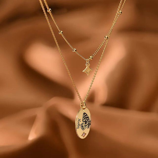 Colar em prata esterlina com nome de pedra de nascimento personalizado banhado a ouro em camadas de borboleta-4