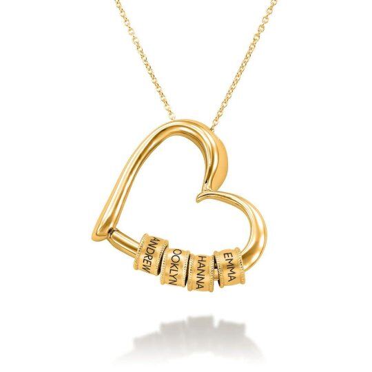 Collana in argento sterling con perline incise personalizzate placcate in oro con nome a forma di cuore