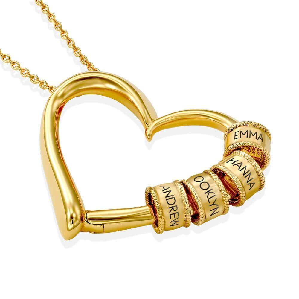 Collar con colgante de corazón y nombre personalizado en plata de ley bañada en oro con cuentas grabadas.-4