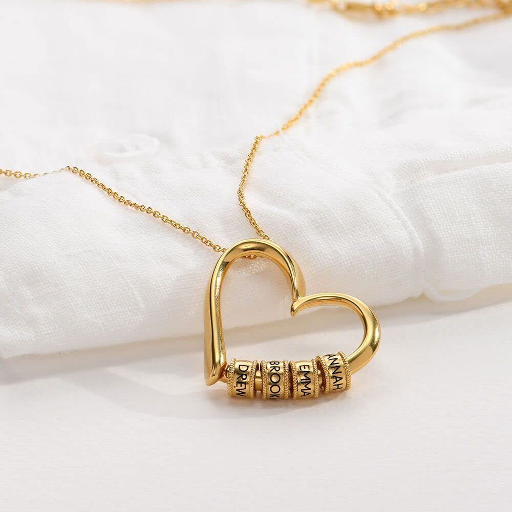Collar con colgante de corazón y nombre personalizado en plata de ley bañada en oro con cuentas grabadas.-5
