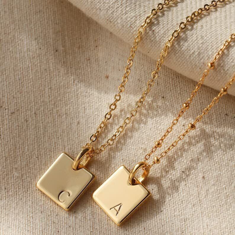 Sterling Silver with Gold Plated Personalized Initial Letter Square Pendant Necklace-6