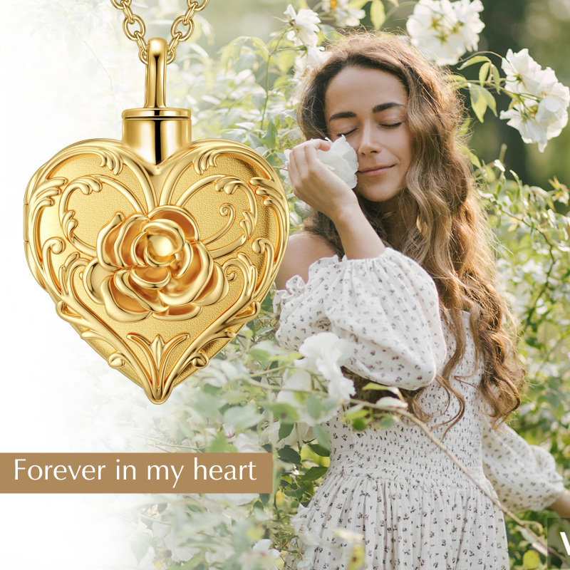 Collier urne funéraire en argent sterling plaqué or jaune avec rose-7