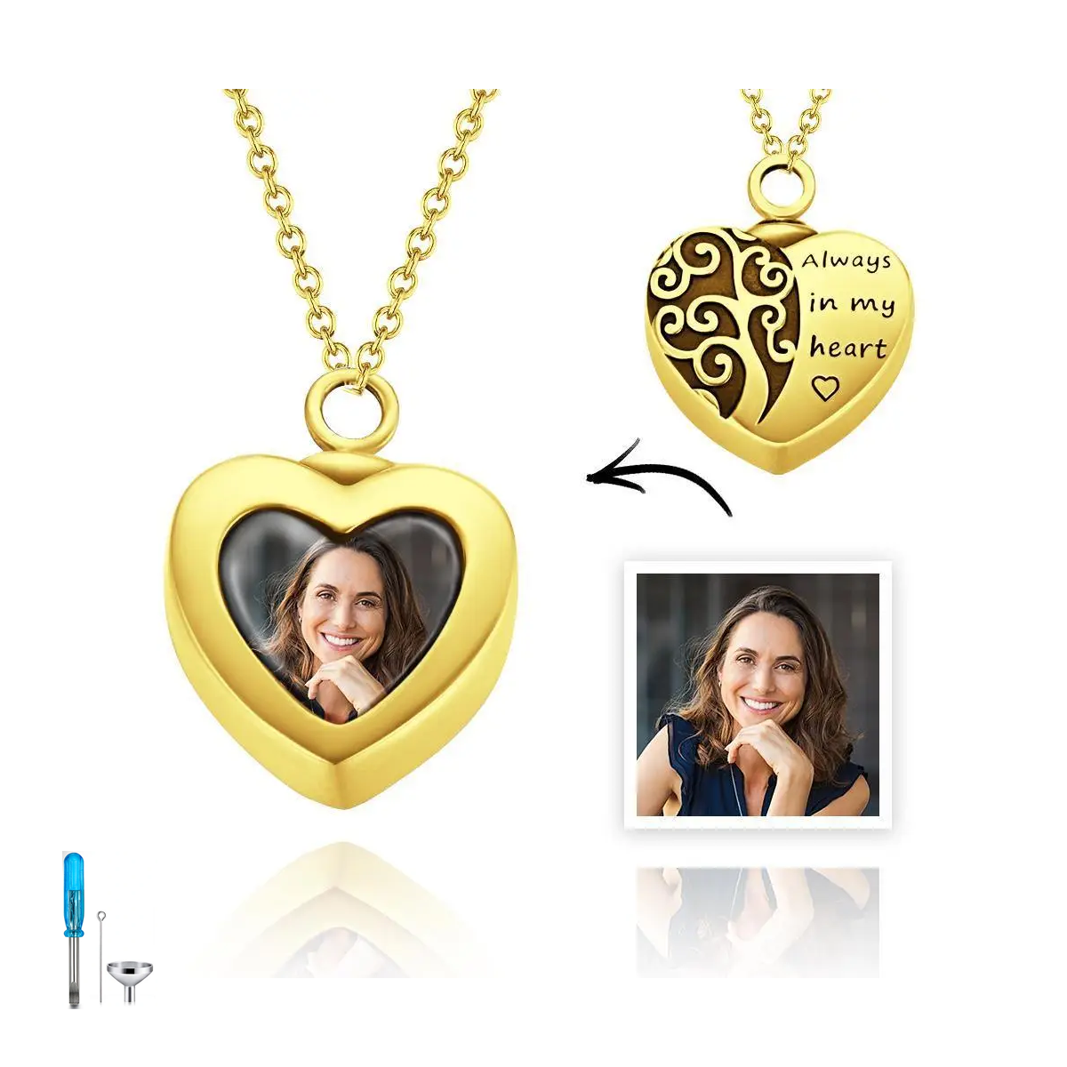 Collier urne photo personnalisé en argent sterling plaqué or avec cœur arbre de vie pour cendres-1