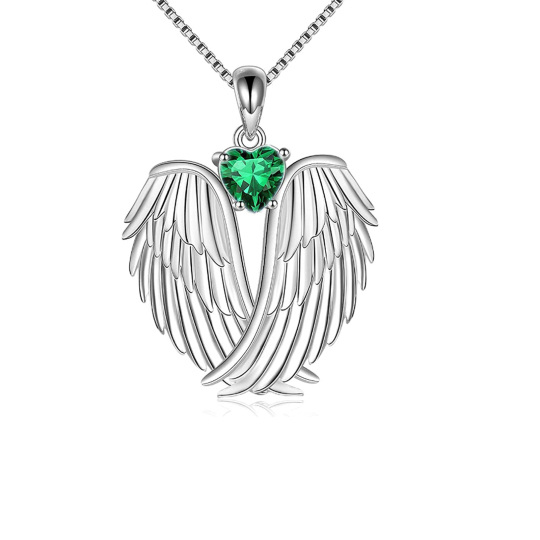 Collar con colgante de corazón con alas de ángel y circonita cúbica verde en plata esterlina para mujer