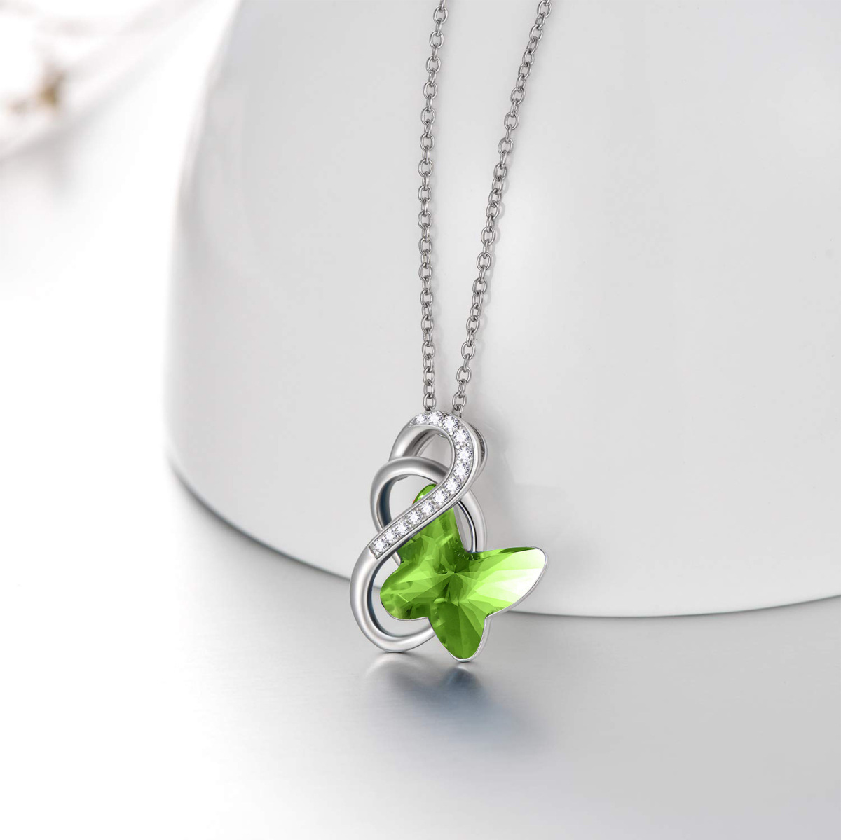 Collier avec pendentif en argent sterling et cristal vert avec symbole de l'infini et papillon pour femme-3