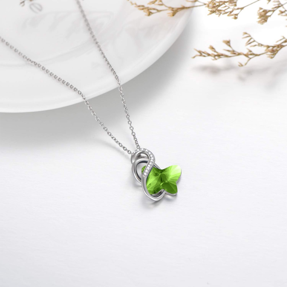 Collar con colgante de mariposa con símbolo del infinito y cristales verdes en plata de ley para mujer-4