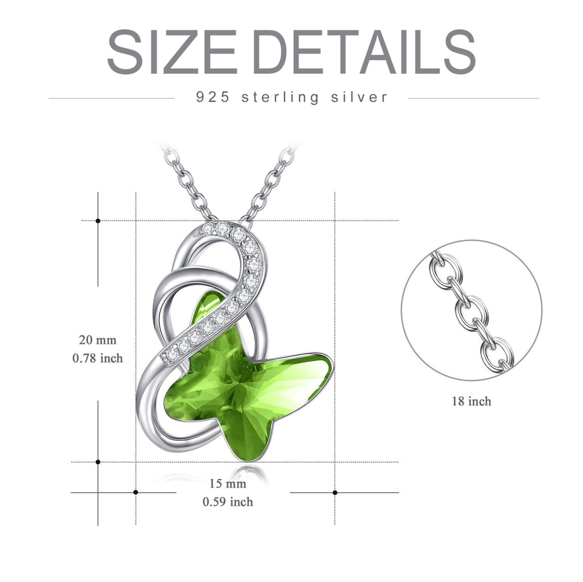 Collier avec pendentif en argent sterling et cristal vert avec symbole de l'infini et papillon pour femme-5