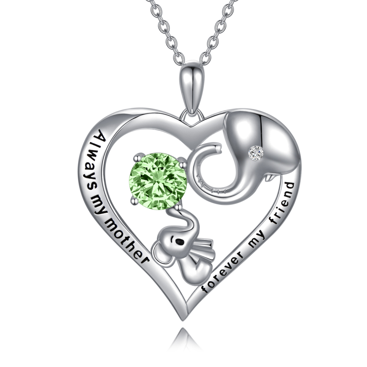 Sterling Silver Green Crystal Elephant Heart Engraved Necklace for Women-1