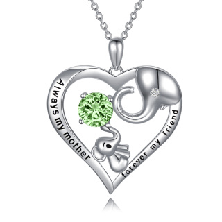 Sterling Silver Green Crystal Elephant Heart Engraved Necklace for Women-5