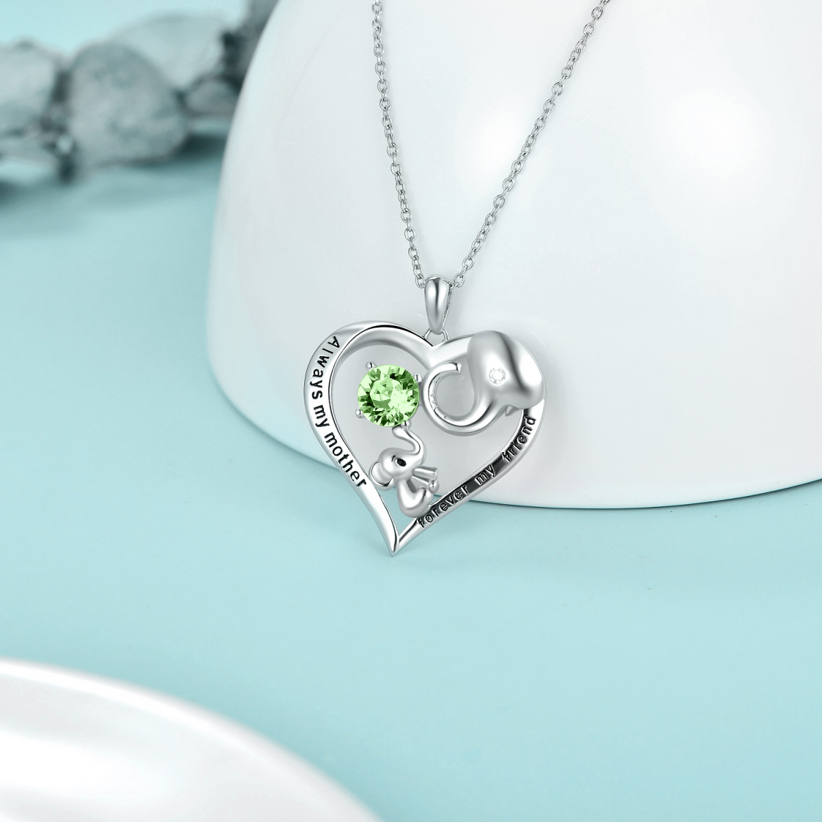 Sterling Silver Green Crystal Elephant Heart Engraved Necklace for Women-3