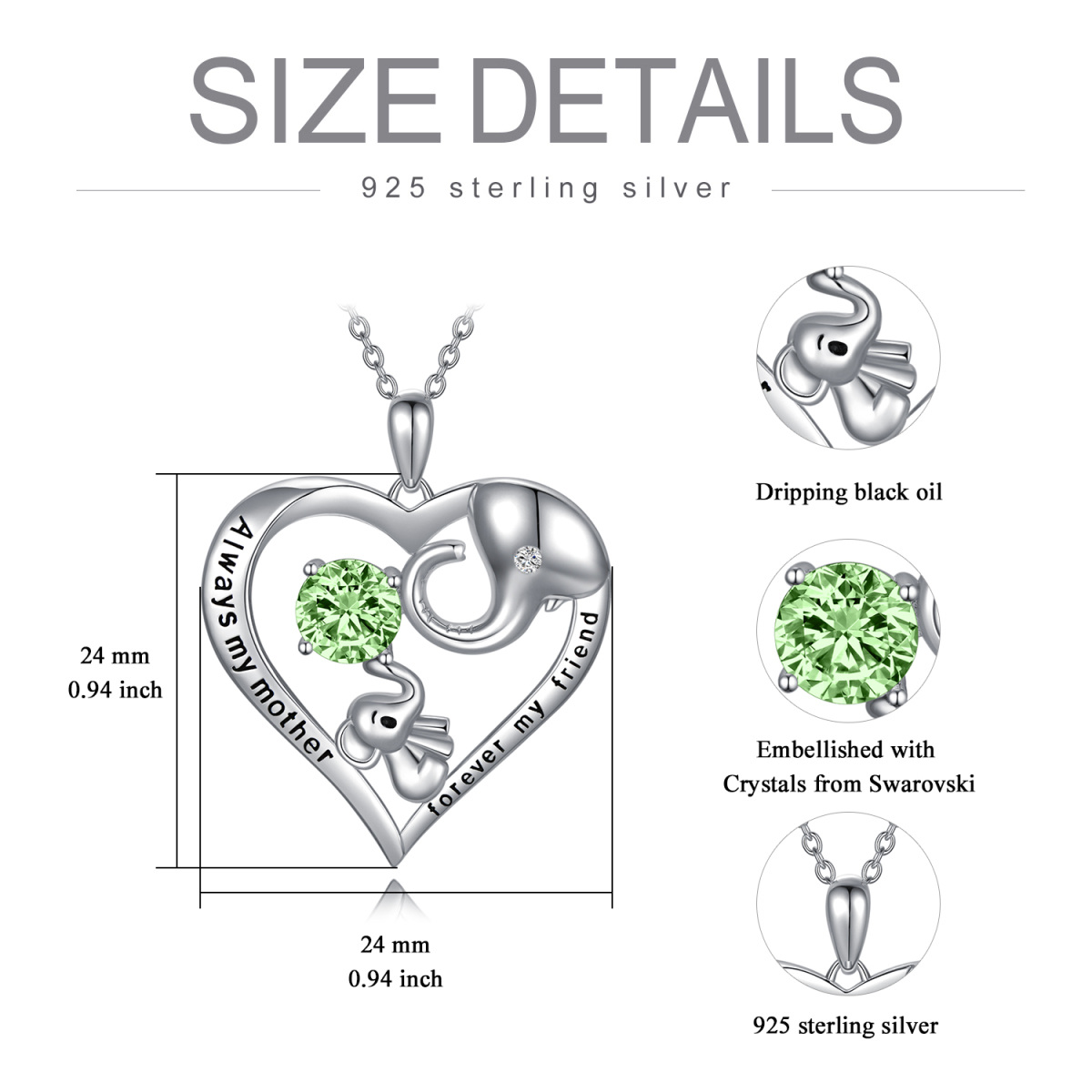 Sterling Silver Green Crystal Elephant Heart Engraved Necklace for Women-5