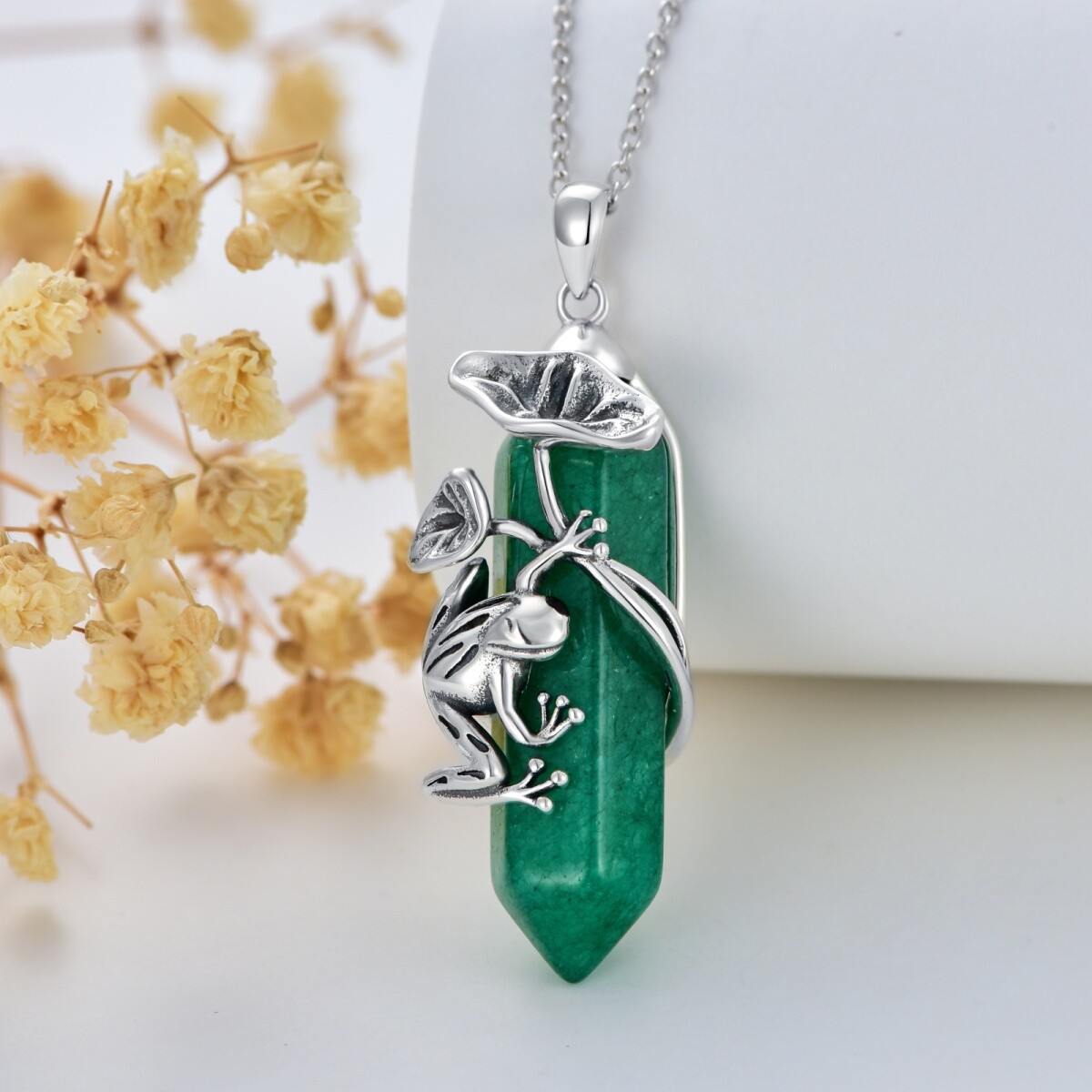 Sterling Silver Green Jade Frog Pendant Necklace-3