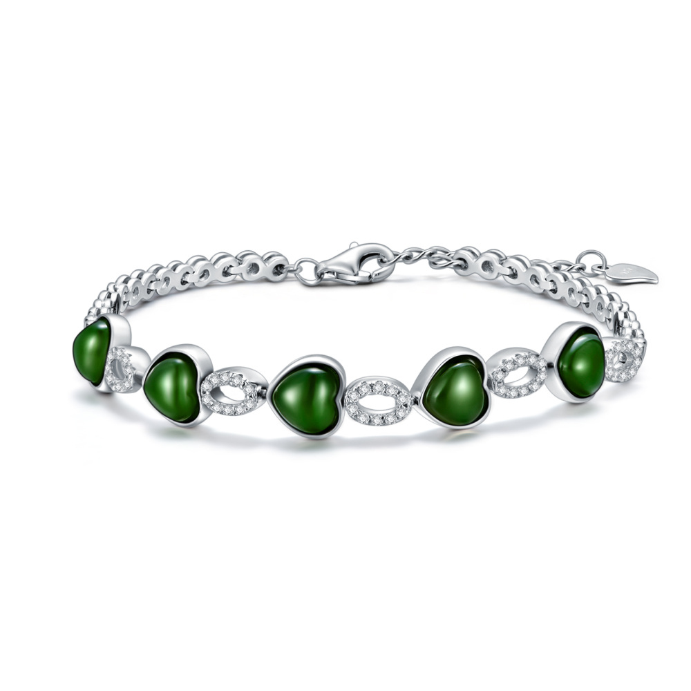 Sterling Silver Green Jade Heart & Round Charm Bracelet-1