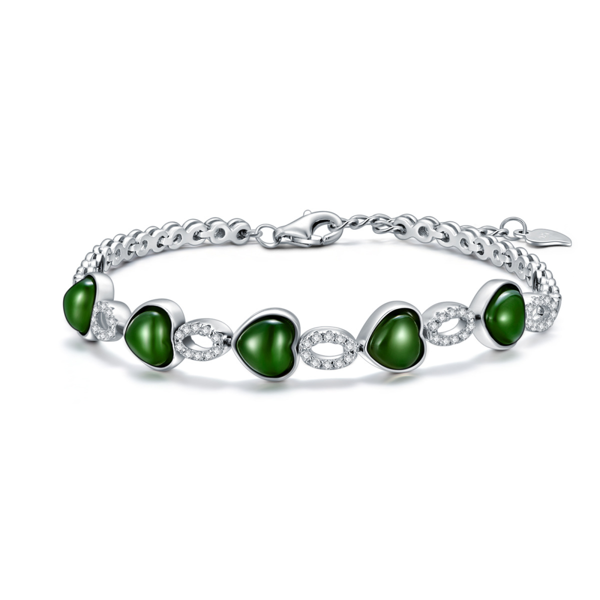 Pulsera de plata de ley con colgante redondo y corazón de jade verde-1