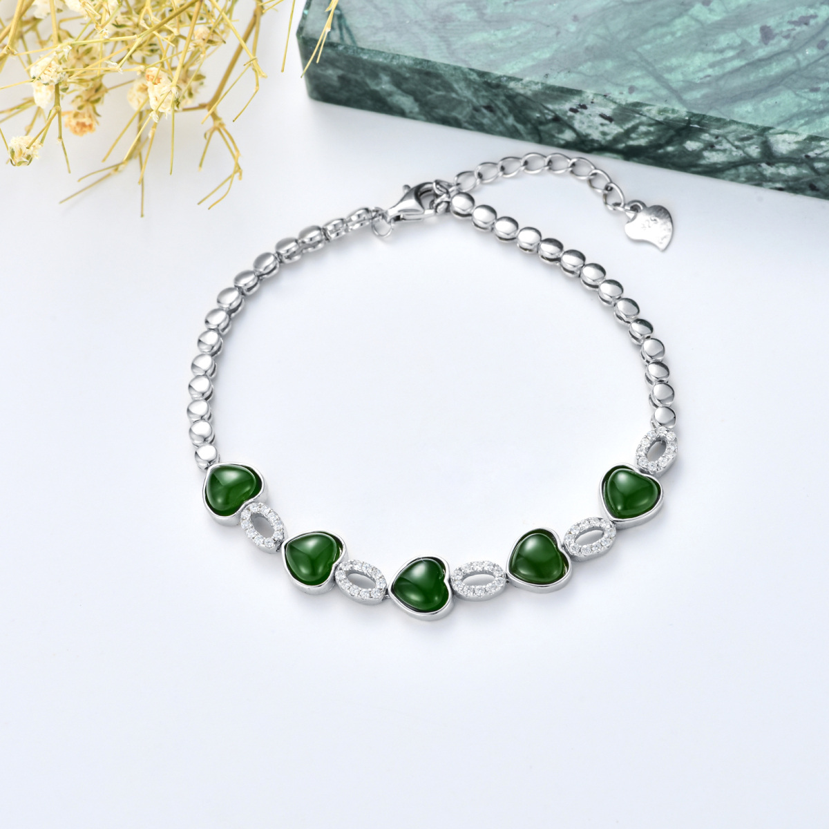 Sterling Silver Green Jade Heart & Round Pendant Bracelet-3