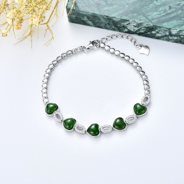 Sterling Silber Grün Jade Herz & Runde Anhänger Armband-3