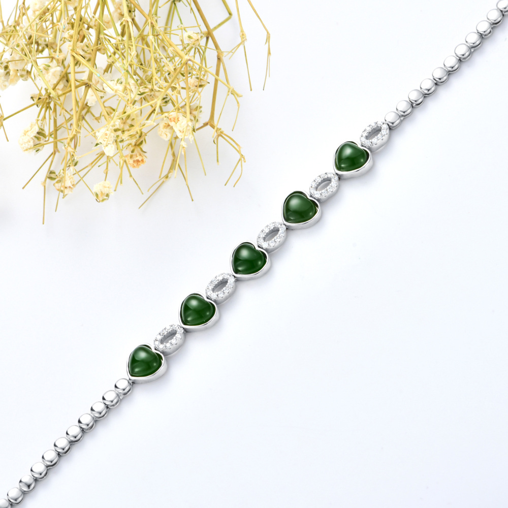 Sterling Silver Green Jade Heart & Round Charm Bracelet-4