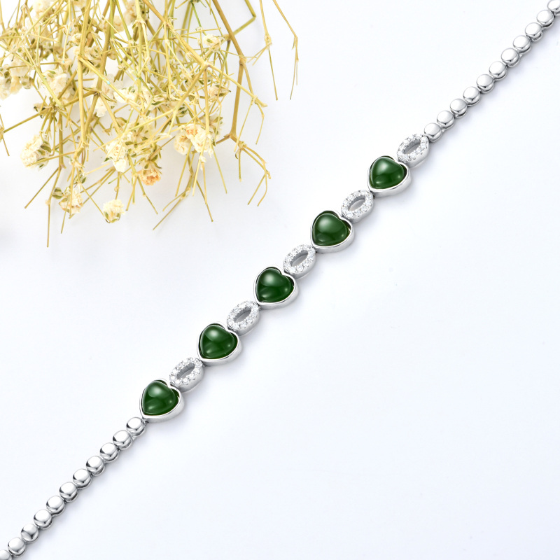 Pulsera de plata de ley con colgante redondo y corazón de jade verde-4