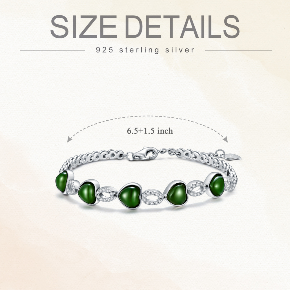 Sterling Silver Green Jade Heart & Round Charm Bracelet-5