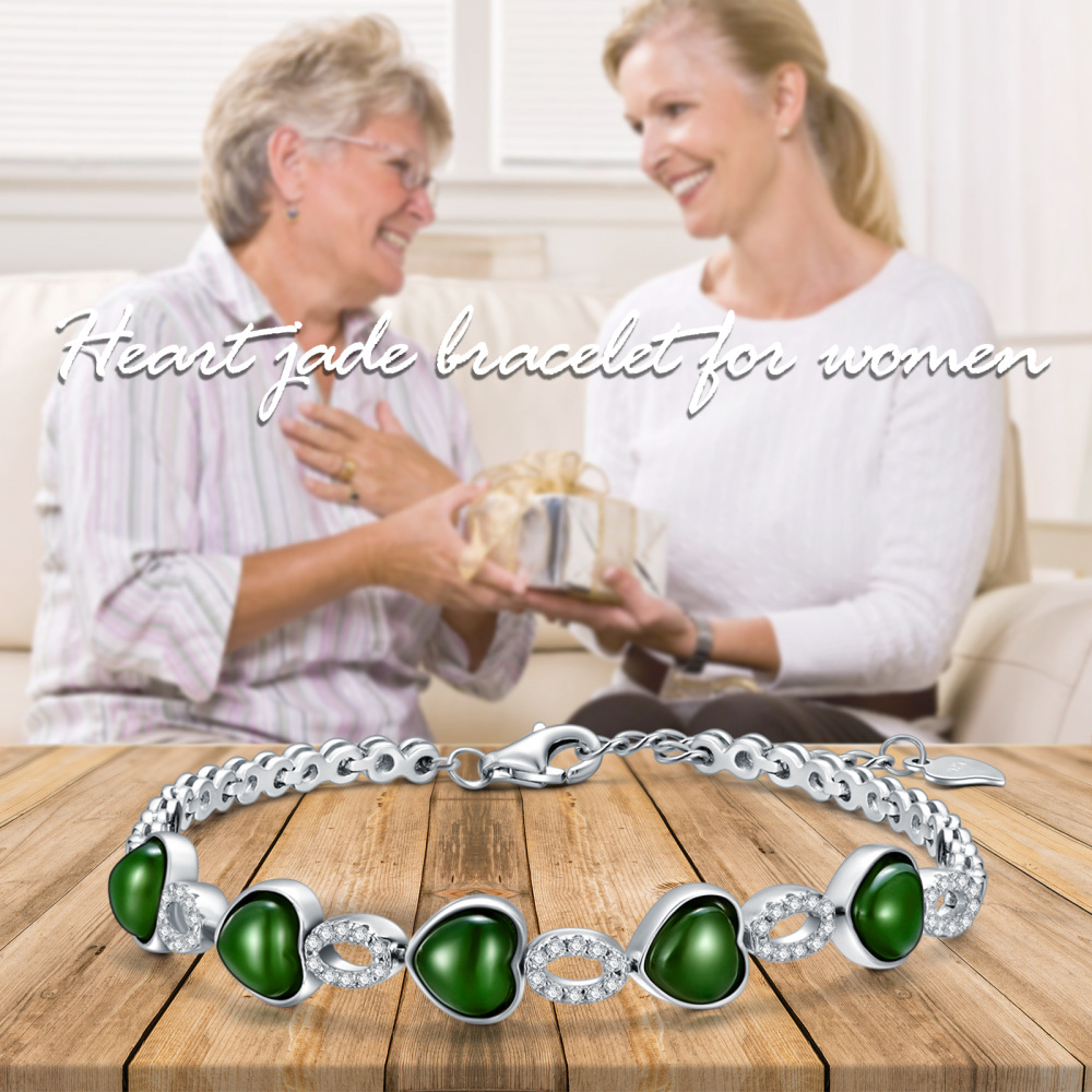 Sterling Silver Green Jade Heart & Round Charm Bracelet-6
