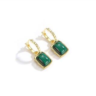 Gold Vermeil Square Malachite Drop Earrings for Women-4