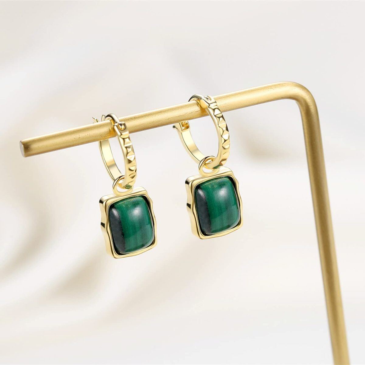 Gold Vermeil Square Malachite Drop Earrings for Women-4